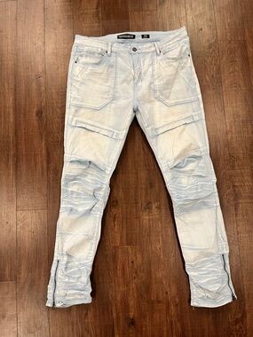 Bleecker & Mercer Jeans Mens 38x32 Skinny Moto Biker Acid Light Wash Y2K
